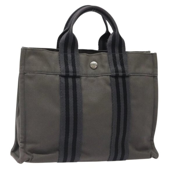 HERMES Fourre Tout PM Hand Bag Canvas Gray Silver Auth 124423 - Picture 1 of 14